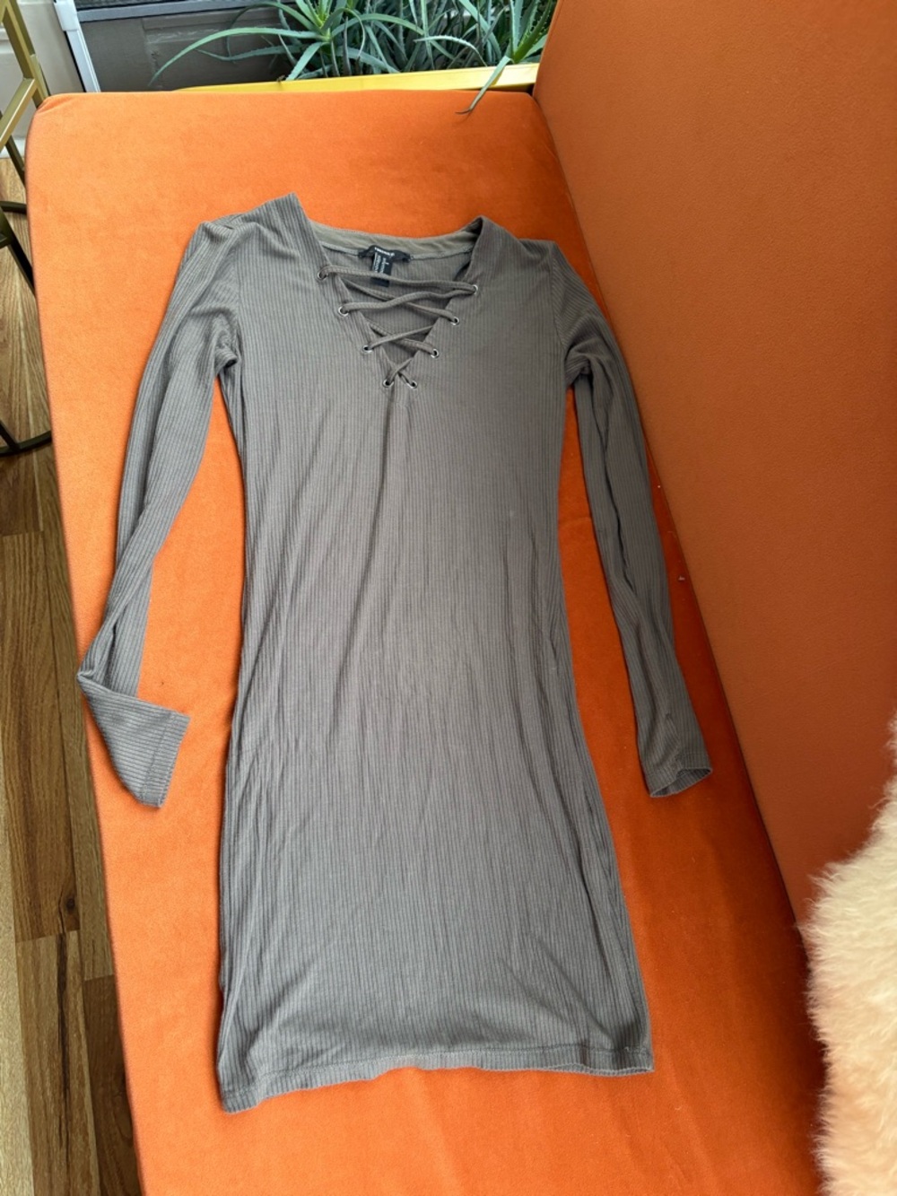 Forever 21 Taupe Ribbed Lace-Up Long Sleeve Dress